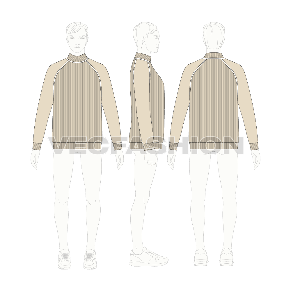 Mens cashmere roll neck sweater flat sketch, croqui sketch