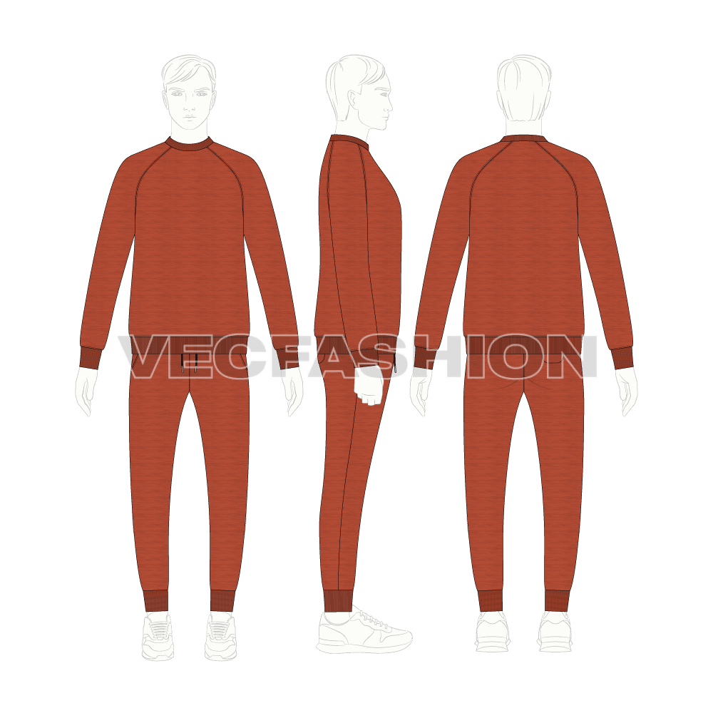 Mens casual fleece sweatsuit flat sketch, on croqui
