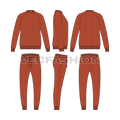 Mens casual fleece sweatsuit flat sketch, showing all views, front, side and back