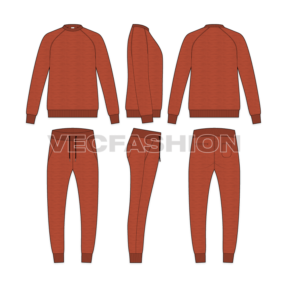 Mens casual fleece sweatsuit flat sketch, showing all views, front, side and back