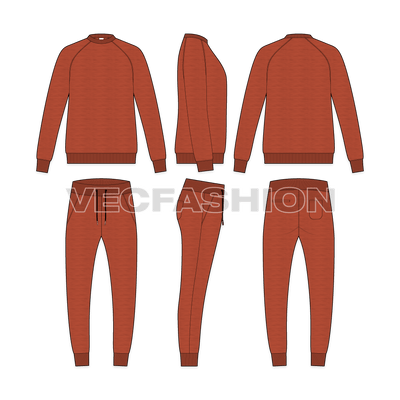 Mens casual fleece sweatsuit flat sketch, showing all views, front, side and back