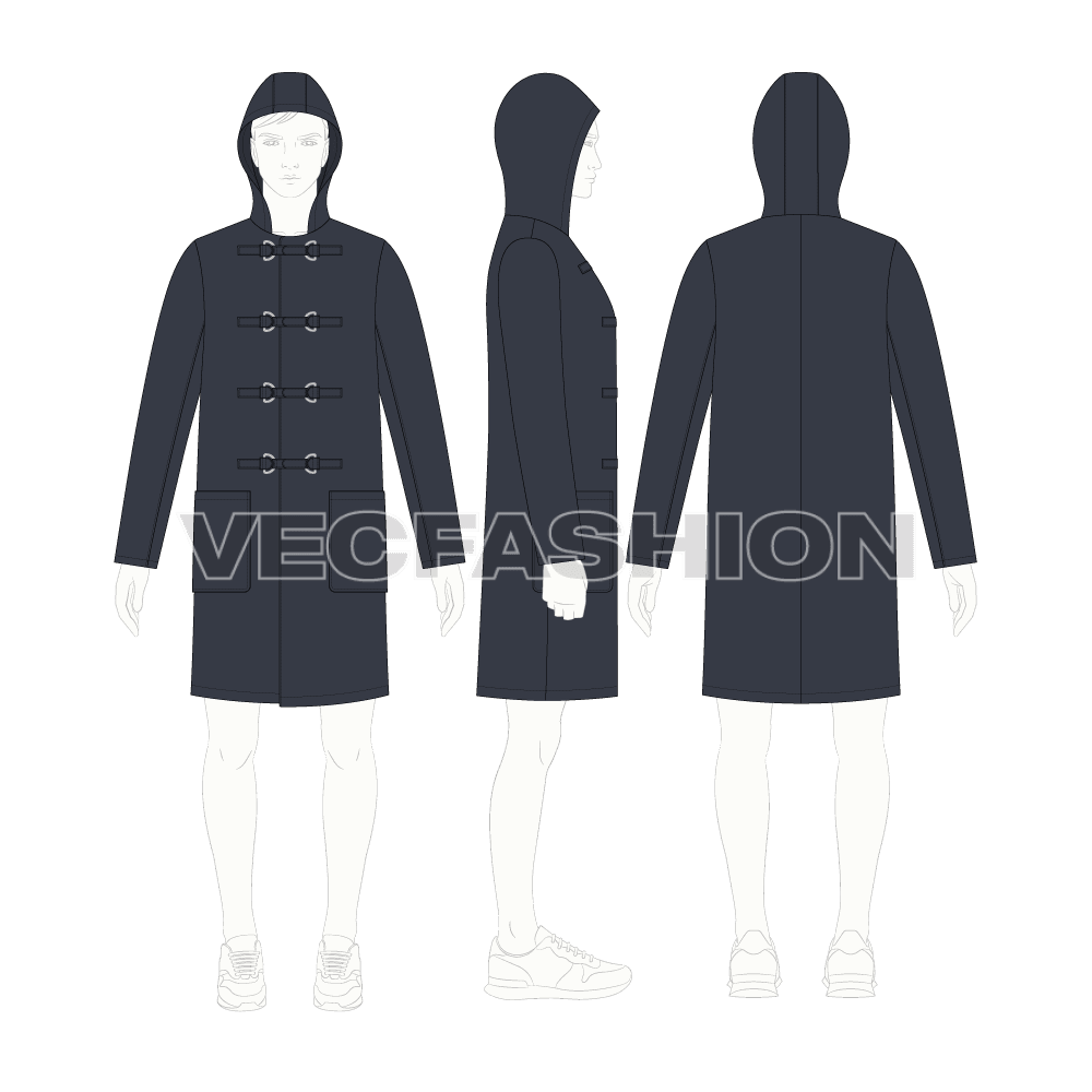 Mens Clasp Coat flat sketch, croqui sketch