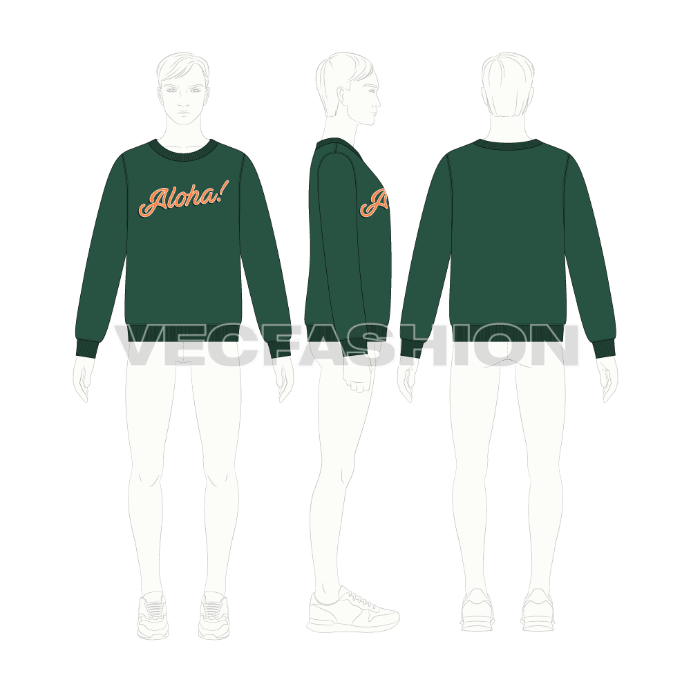 Mens classic aloha sweatshirt flat sketch, croqui sketch