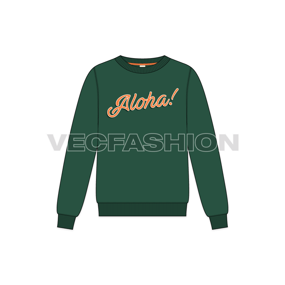 Mens classic aloha sweatshirt flat sketch, front view