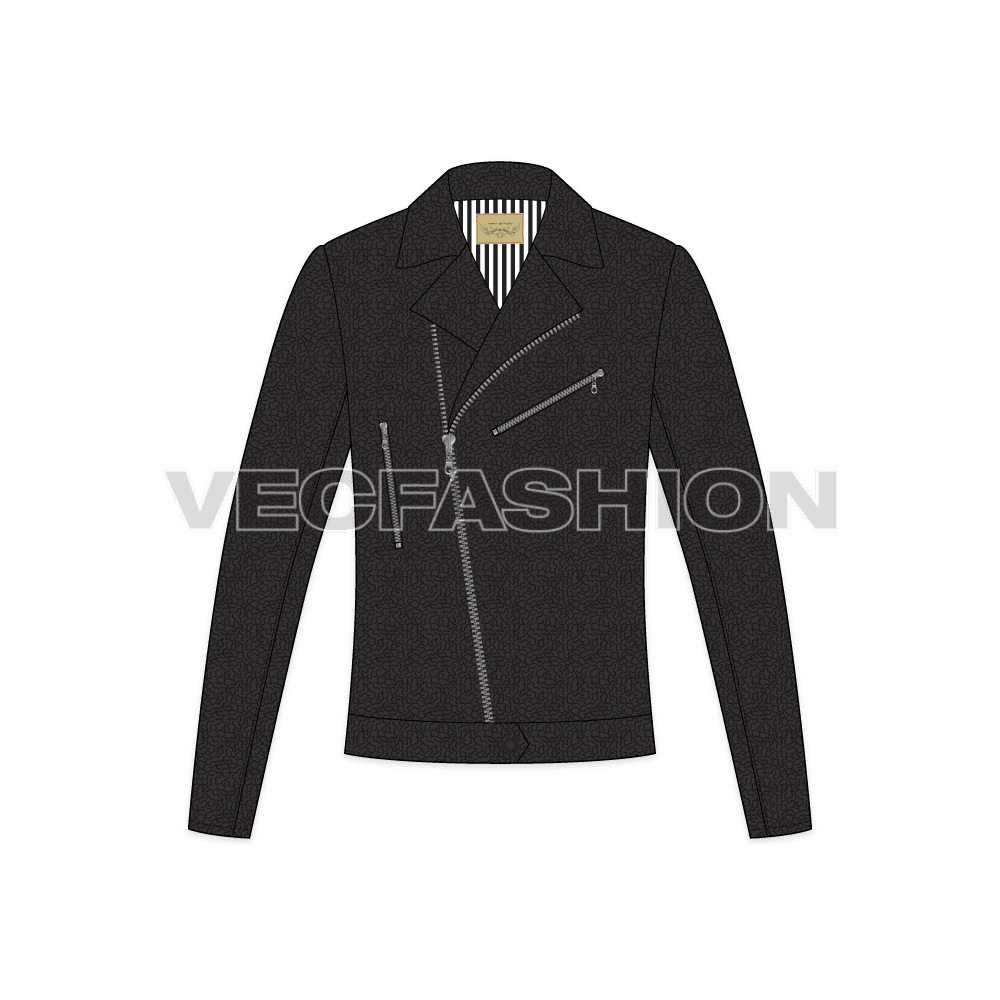 Mens Classic Biker Jacket Vector Template flat sketch, front view