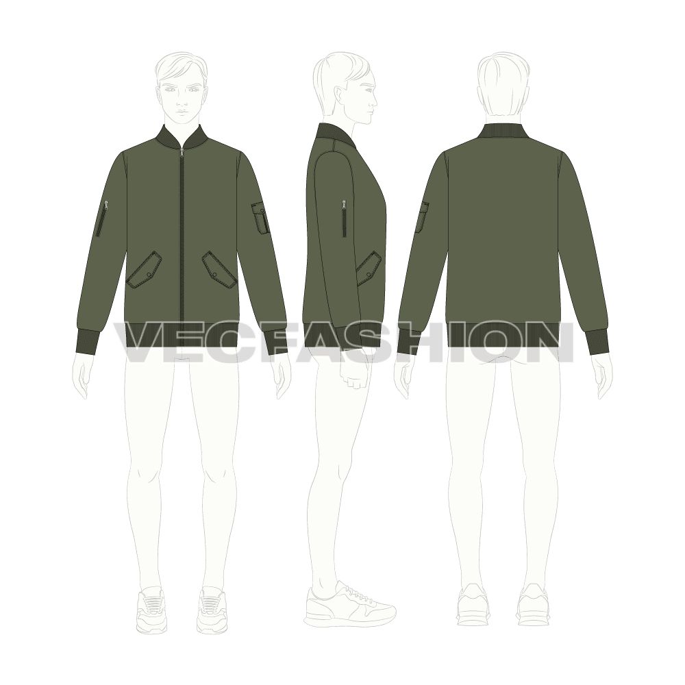 Mens Classic Bomber Jacket flat sketch, croqui sketch