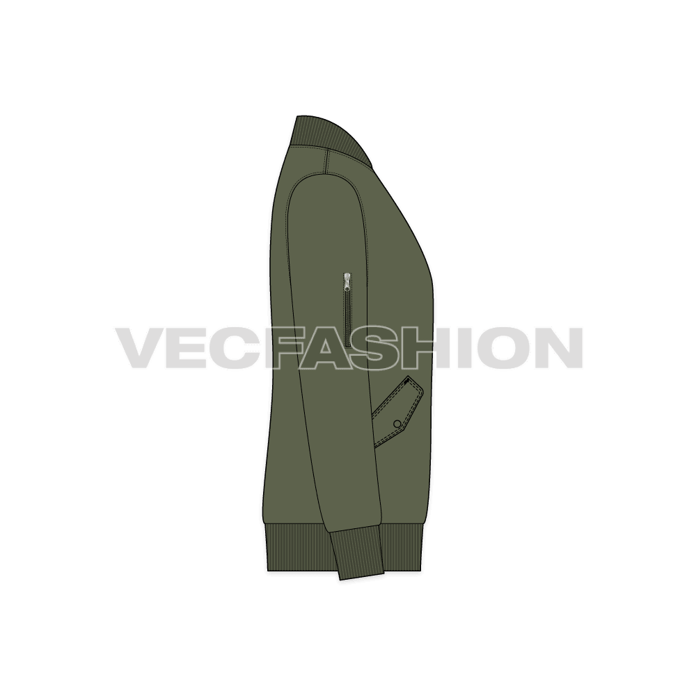 Mens Classic Bomber Jacket flat sketch, side view