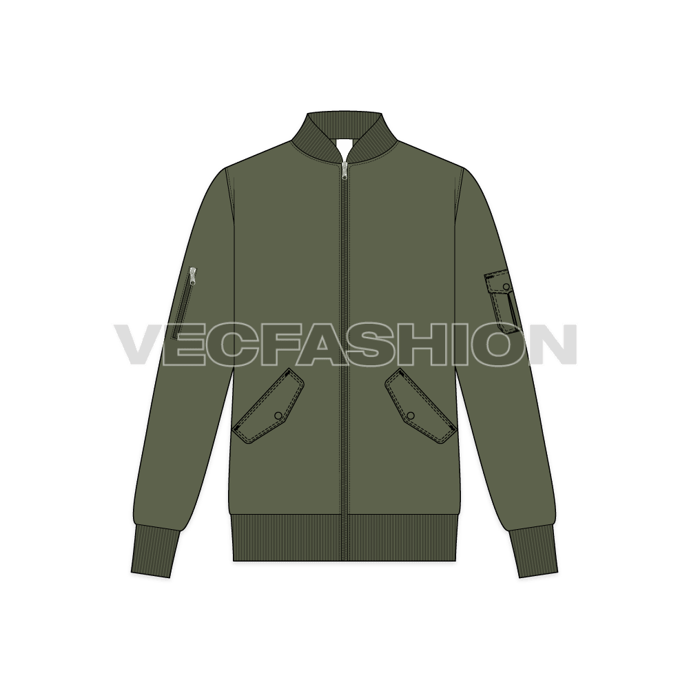 Mens Classic Bomber Jacket flat sketch, front view