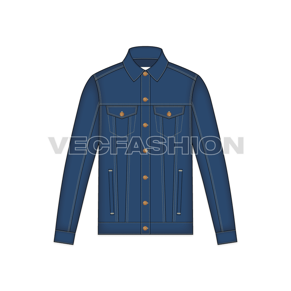 Mens Classic Denim Vector Jacket flat sketch, front view