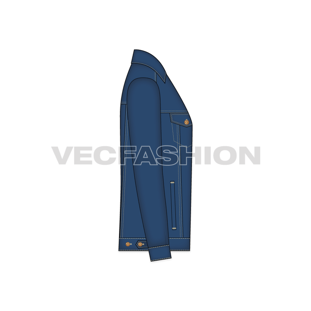 Mens Classic Denim Vector Jacket flat sketch, side view