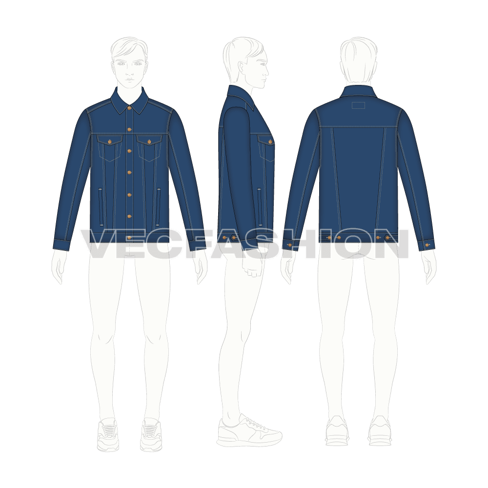 Mens Classic Denim Vector Jacket flat sketch, croqui sketch
