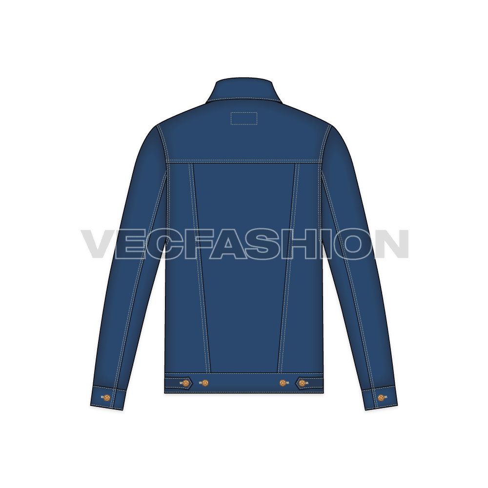 Mens Classic Denim Vector Jacket flat sketch, back view