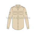 Mens classic khaki bush shirt flat sketch, front view
