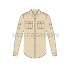 Mens classic khaki bush shirt flat sketch, front view
