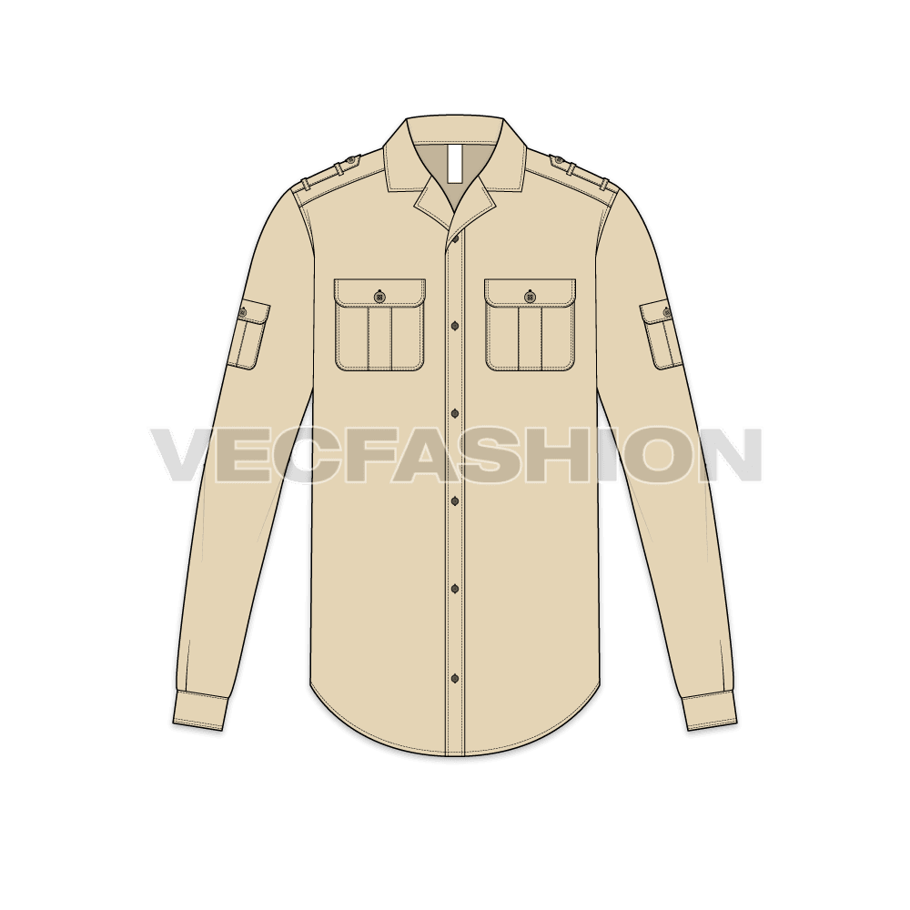 Mens classic khaki bush shirt flat sketch, front view
