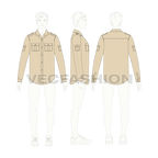 Mens classic khaki bush shirt flat sketch, croqui sketch