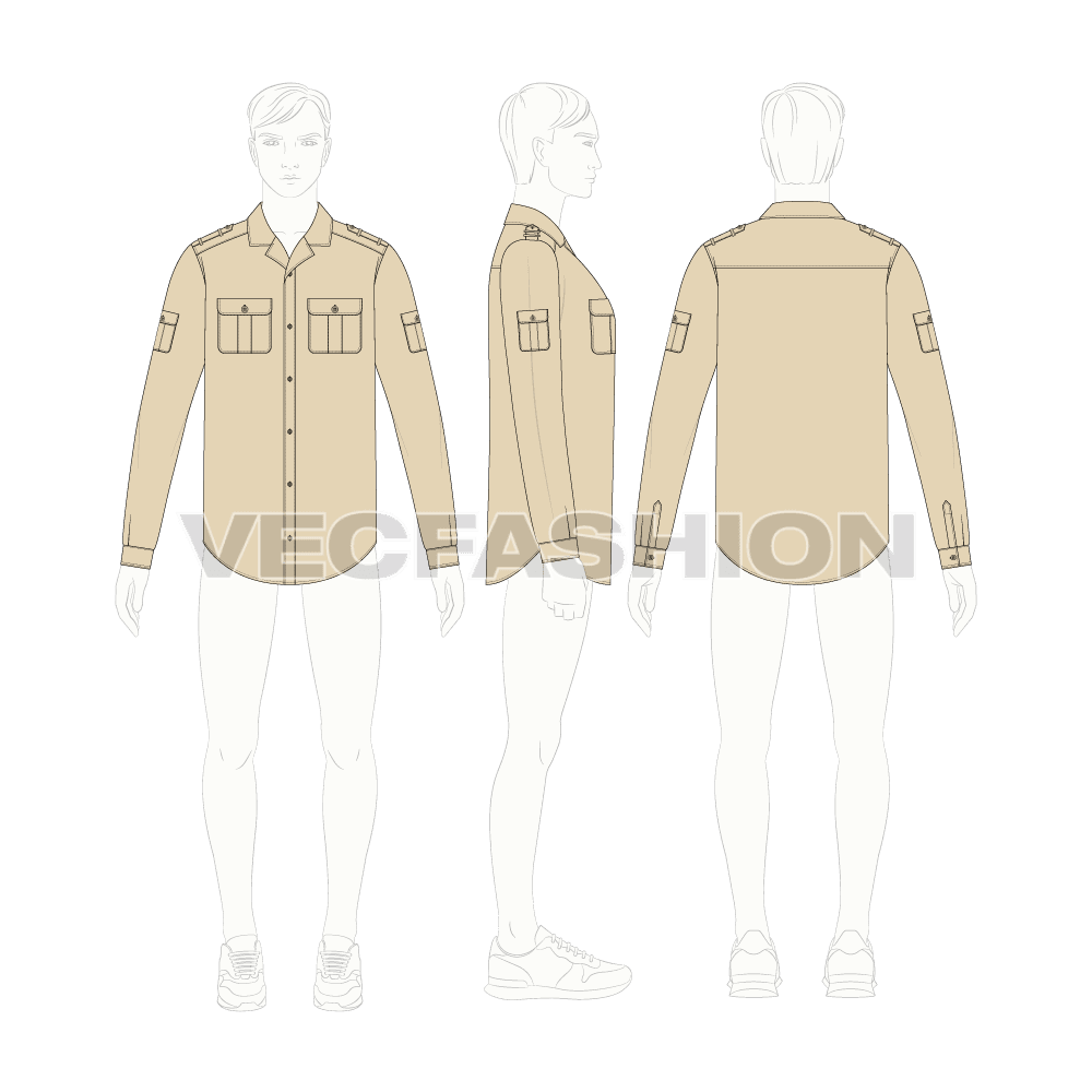 Mens classic khaki bush shirt flat sketch, croqui sketch