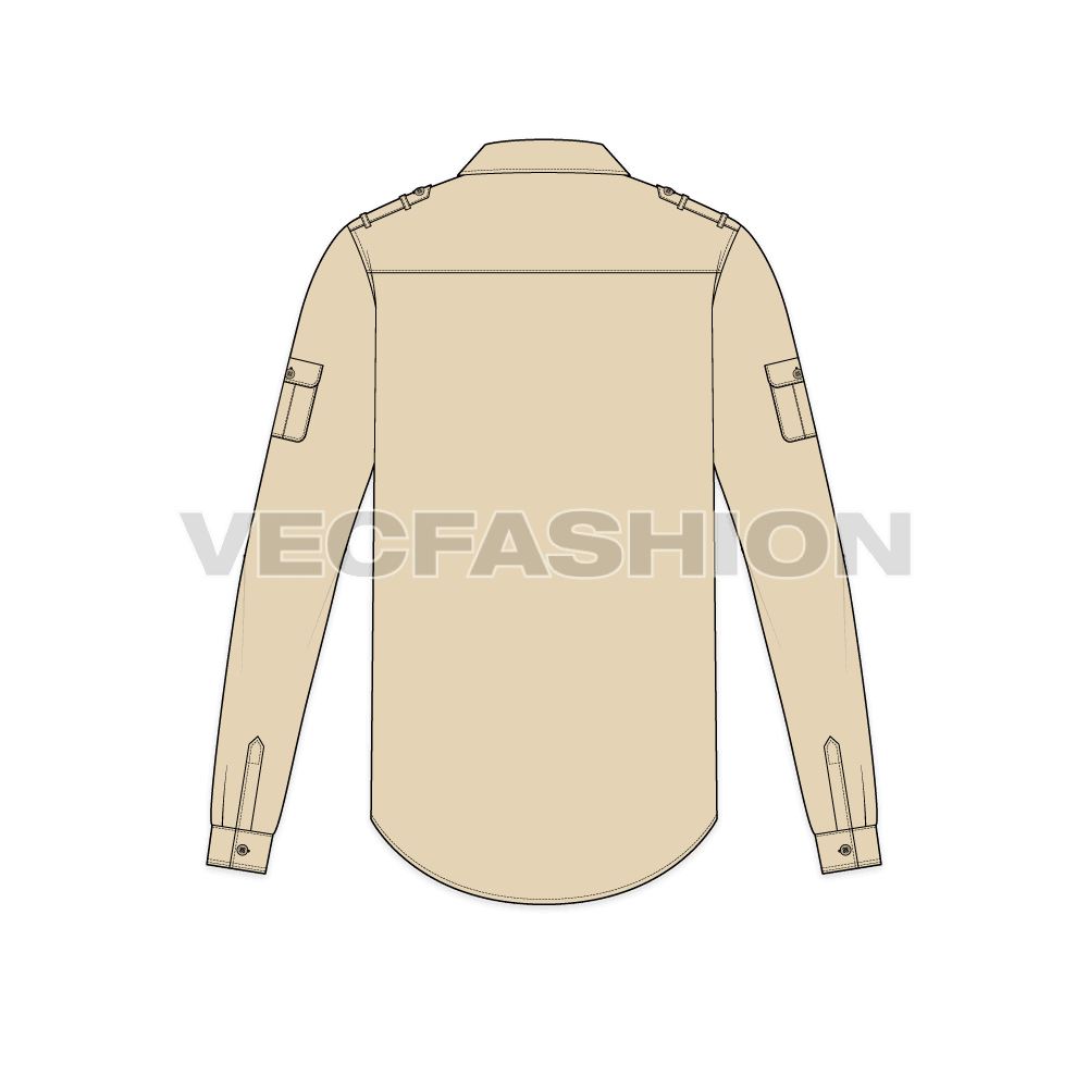 Mens classic khaki bush shirt flat sketch, back view