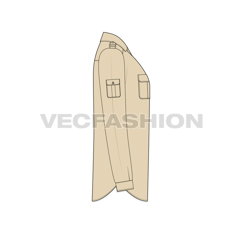 Mens classic khaki bush shirt flat sketch, side view