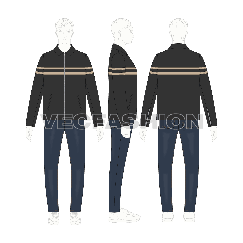 Mens Classic Leather Jacket flat sketch, croqui sketch