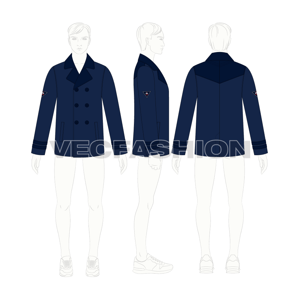 Mens Classic Navy Blue Pea Vector Coat flat sketch, croqui sketch