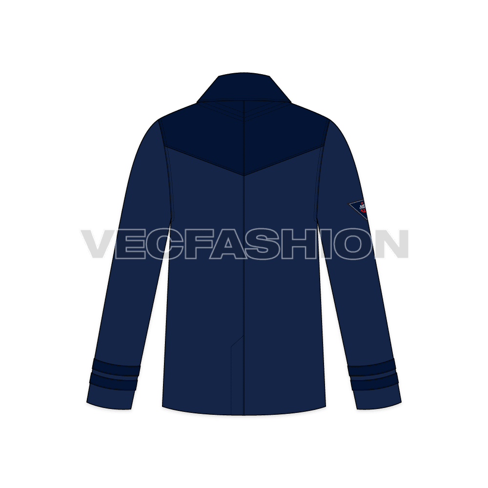 Mens Classic Navy Blue Pea Vector Coat flat sketch, back view