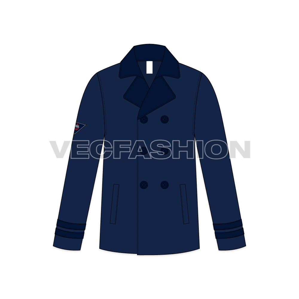 Mens Classic Navy Blue Pea Vector Coat flat sketch, front view