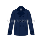Mens Classic Navy Blue Pea Vector Coat flat sketch, front view