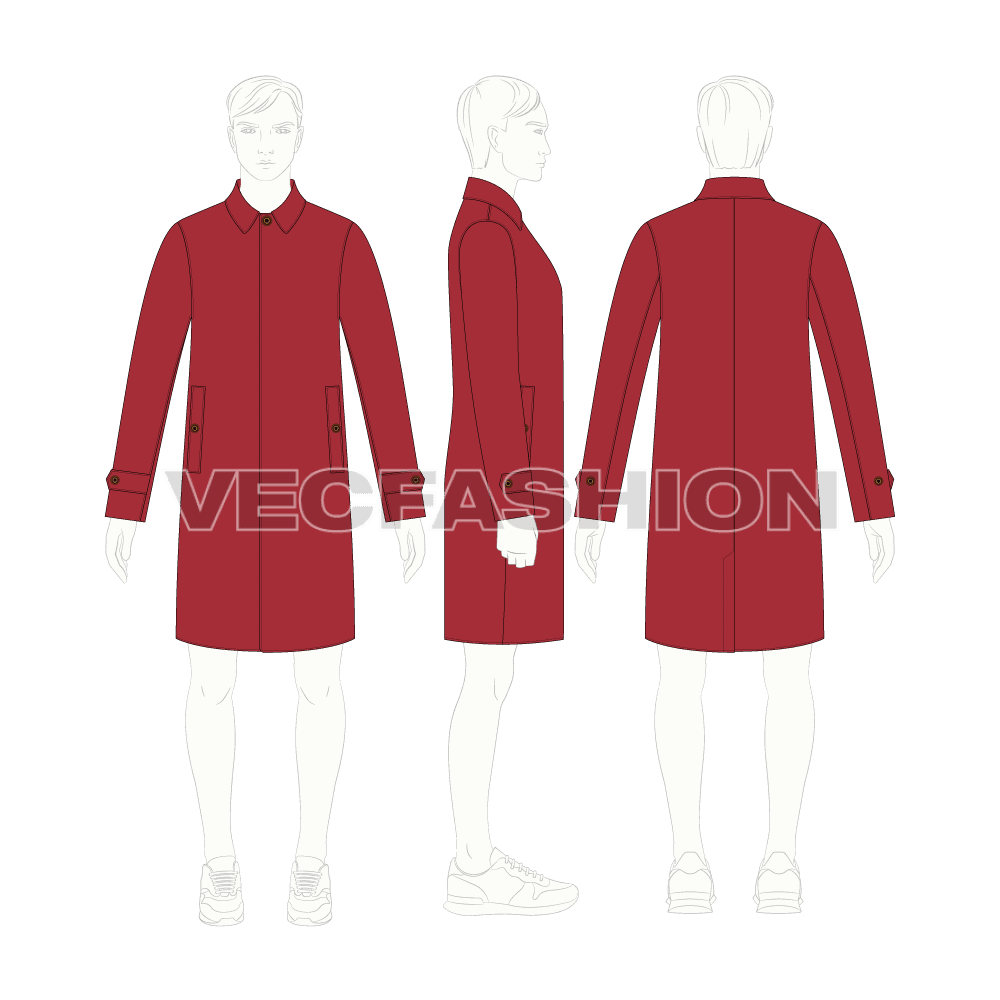 Mens Classic Raincoat Vector Template flat sketch, croqui sketch