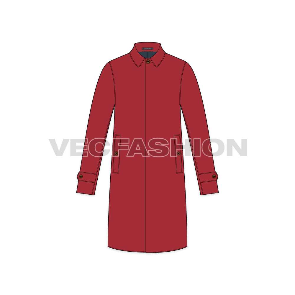 Mens Classic Raincoat Vector Template flat sketch, front view