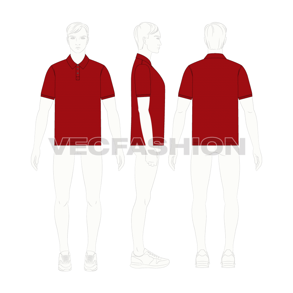 Mens classic red polo shirt flat sketch, croqui sketch