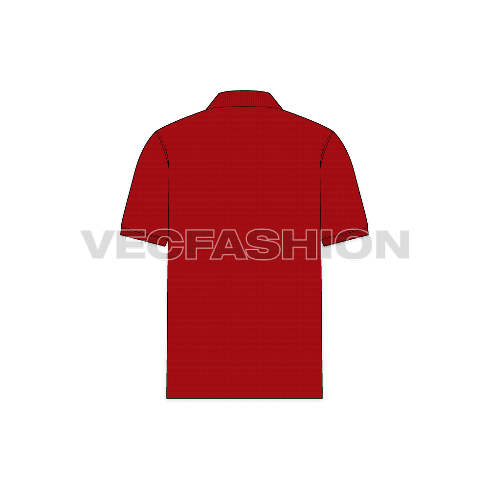 Mens classic red polo shirt flat sketch, back view