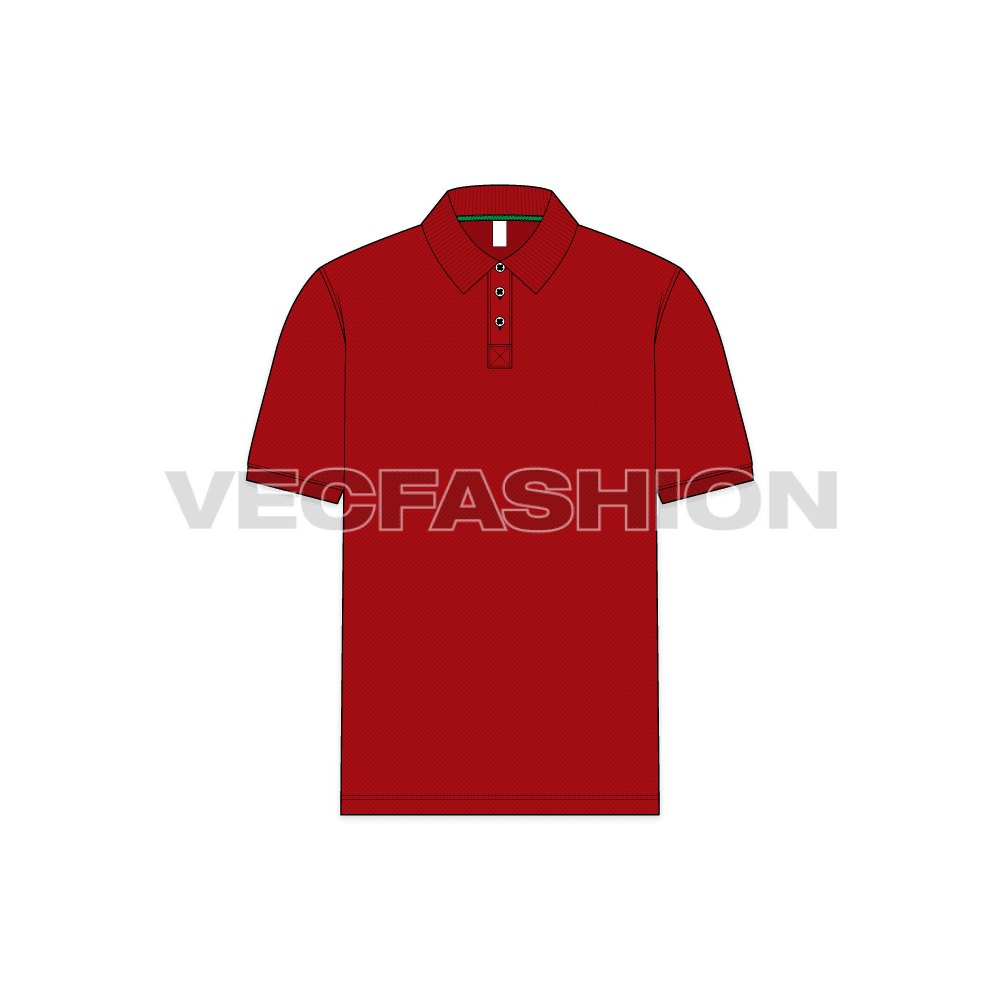 Mens classic red polo shirt flat sketch, front view
