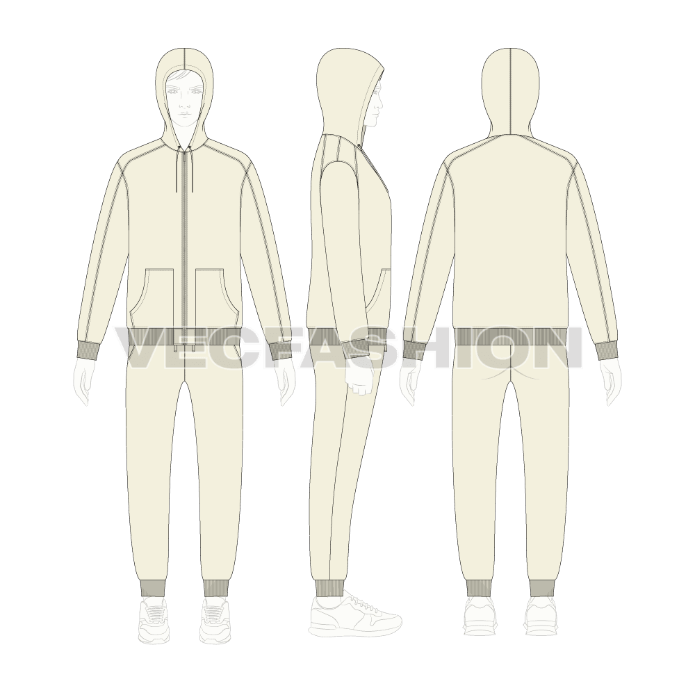 Mens classic running tracksuit flat sketch, on croqui
