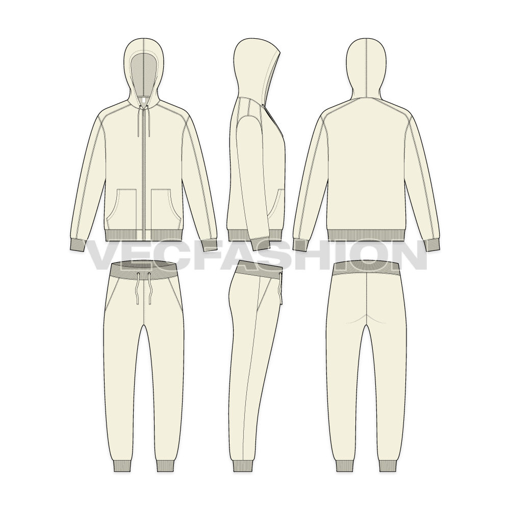 Mens classic running tracksuit flat sketch, showing all views, front, side and back