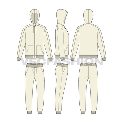 Mens classic running tracksuit flat sketch, showing all views, front, side and back