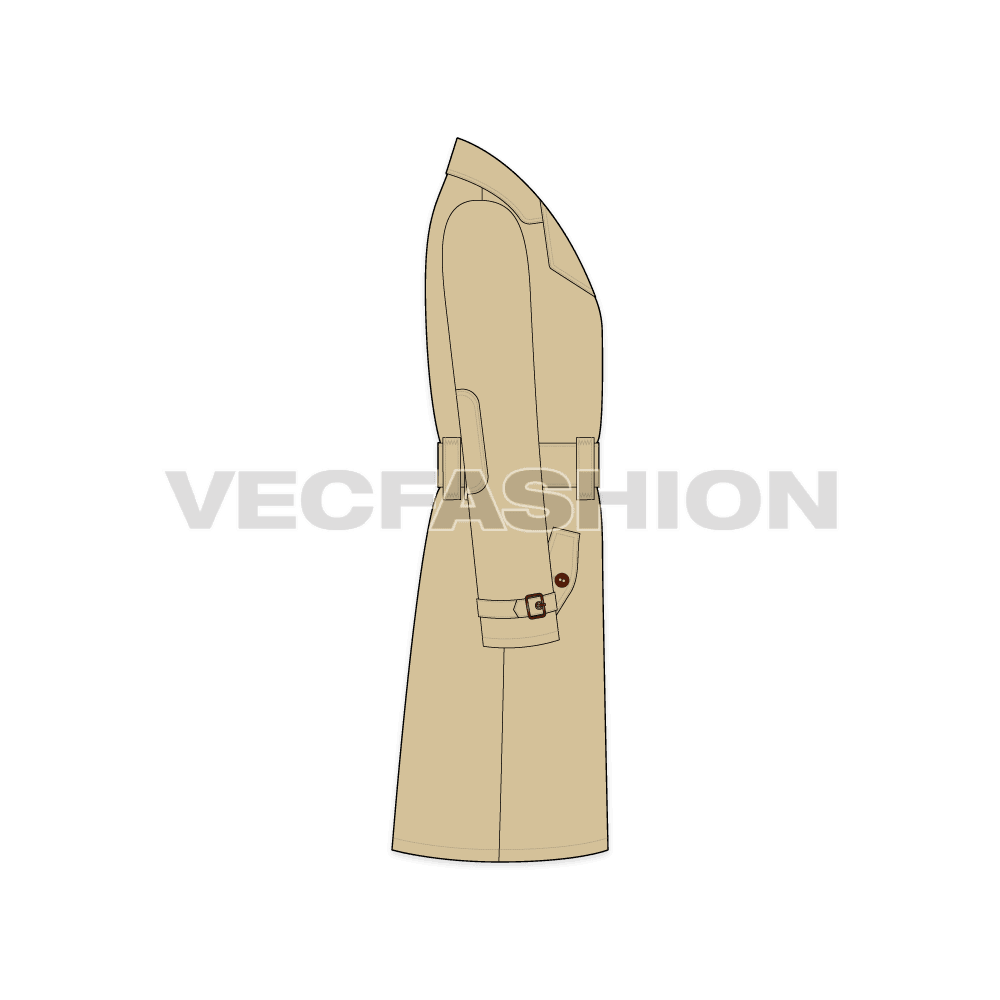 Mens Classic Trench Coat Vector Template flat sketch, side view