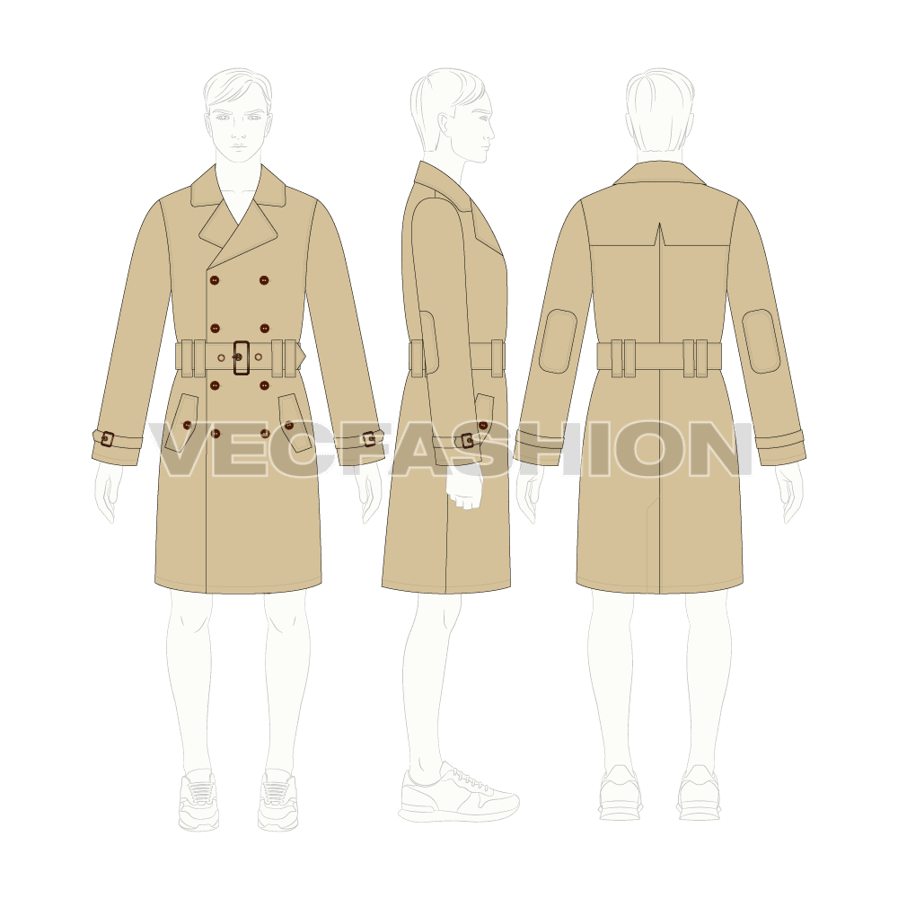 Mens Classic Trench Coat Vector Template flat sketch, croqui sketch