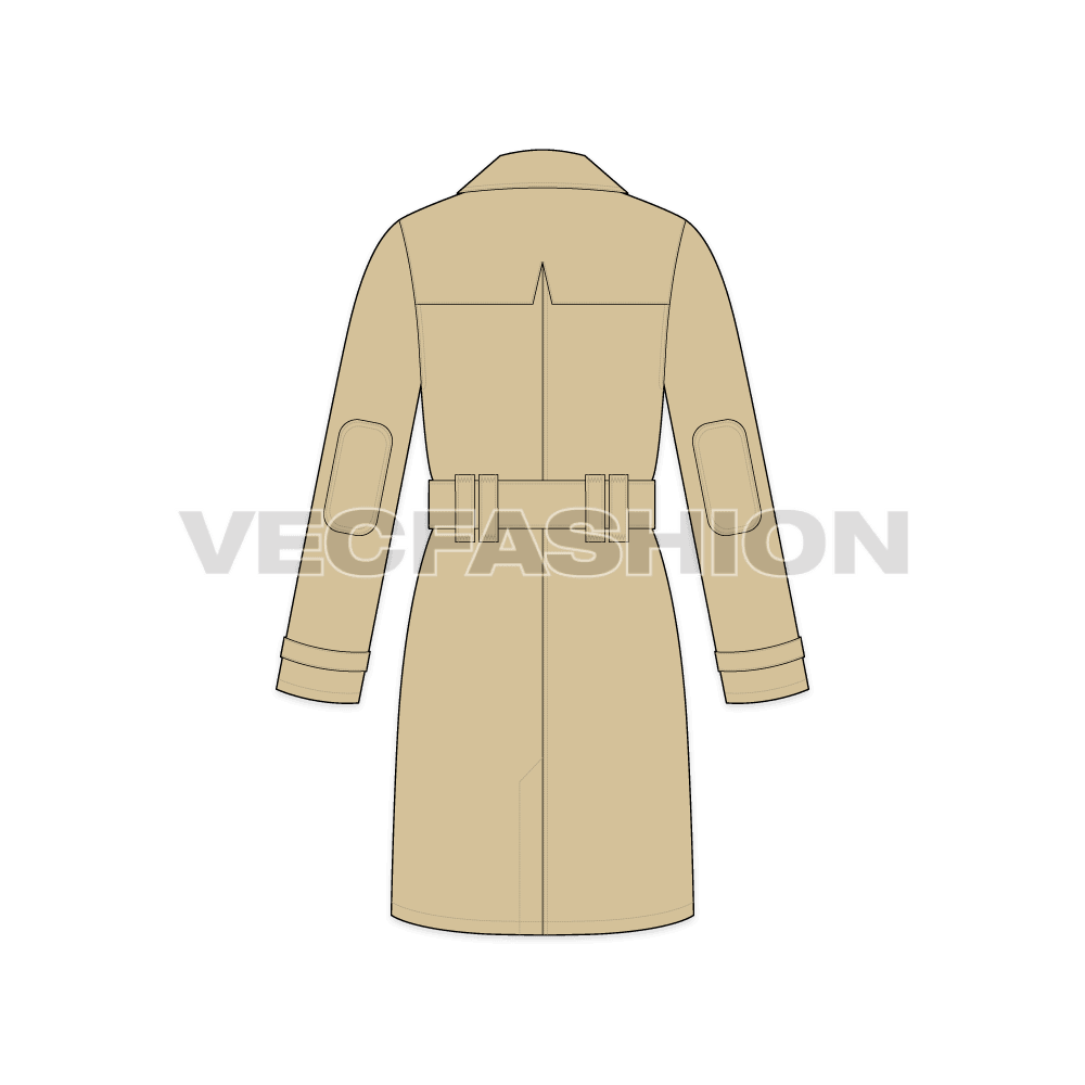 Mens Classic Trench Coat Vector Template flat sketch, back view