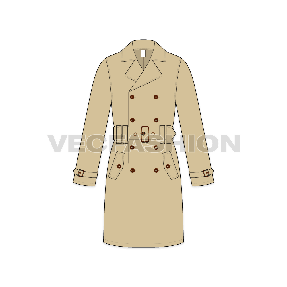 Mens Classic Trench Coat Vector Template flat sketch, front view