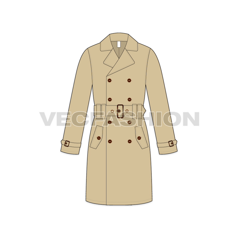 Mens Classic Trench Coat Vector Template front view