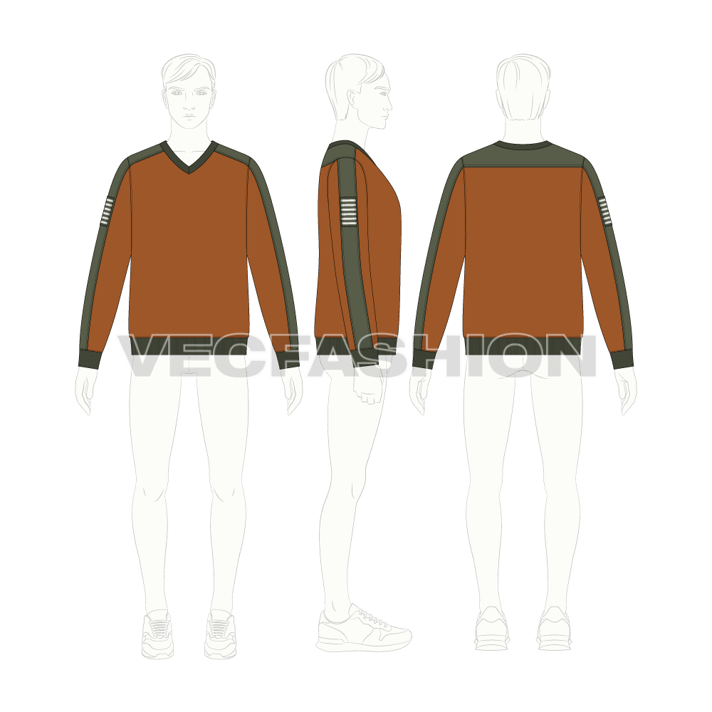 Mens classic v-neck sweatshirt flat sketch, croqui sketch