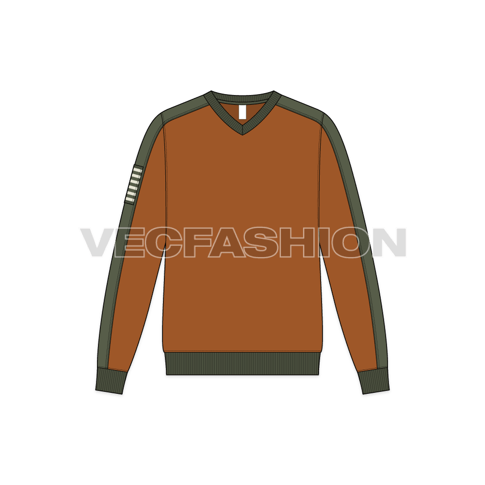 Mens classic v-neck sweatshirt flat sketch, front view
