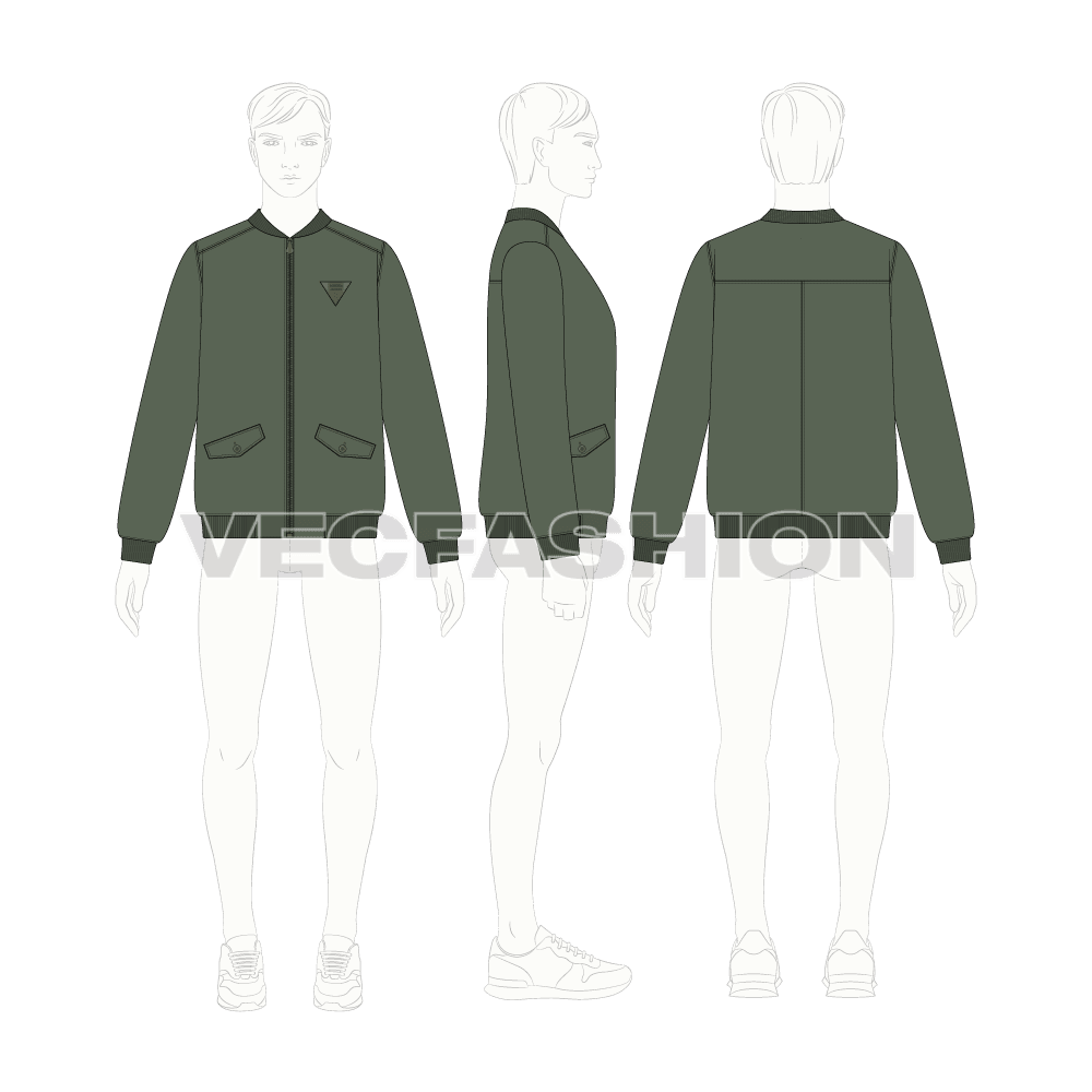 Mens Classic Vector Bomber Jacket flat sketch, croqui sketch