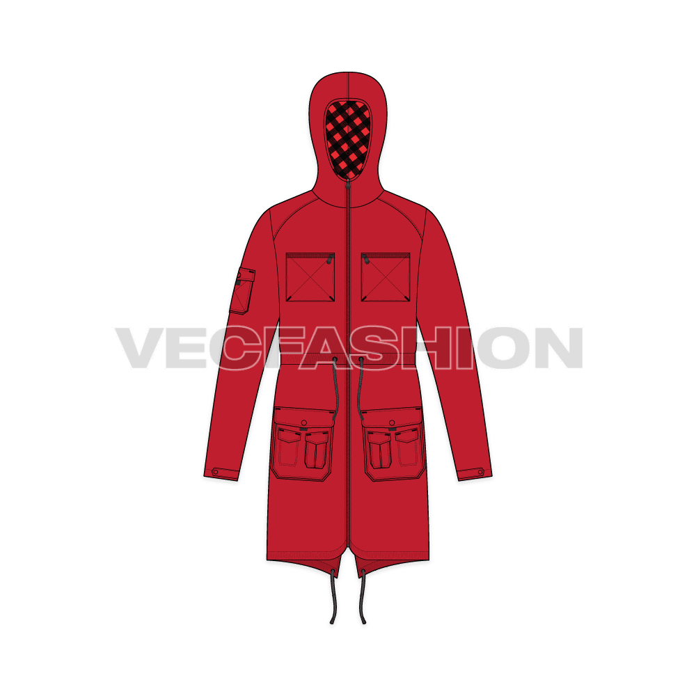 Mens Climbing Parka Jacket Vector flat sketch, front view