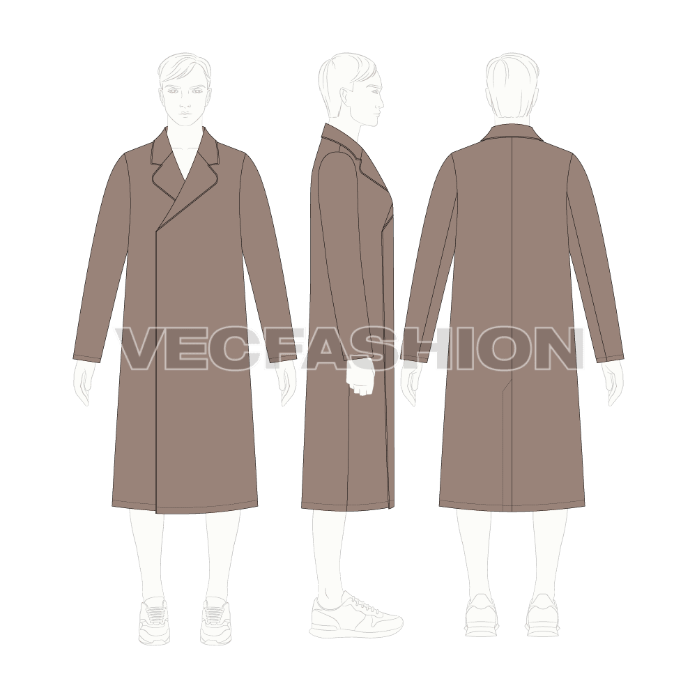 Mens Clutch Coat flat sketch, croqui sketch