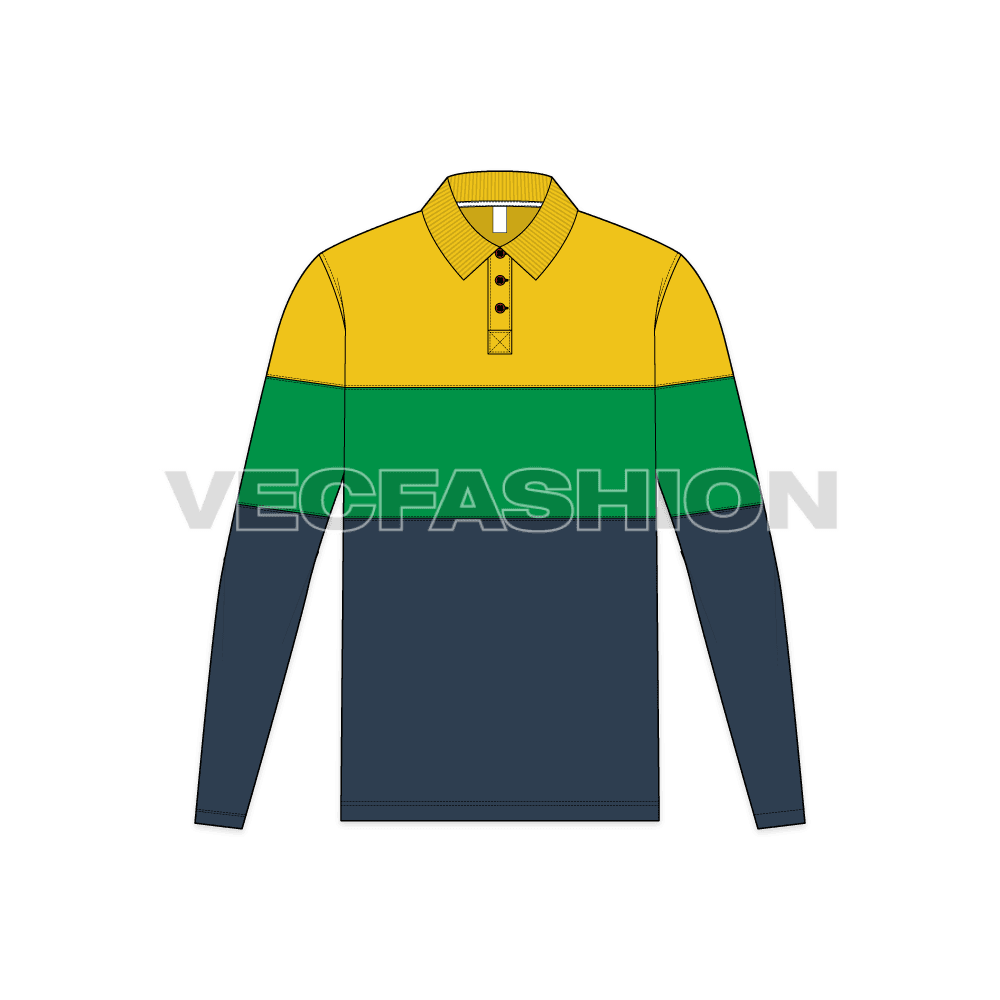 Mens color blocked jersey polo shirt flat sketch, front view