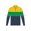 Mens color blocked jersey polo shirt flat sketch, front view