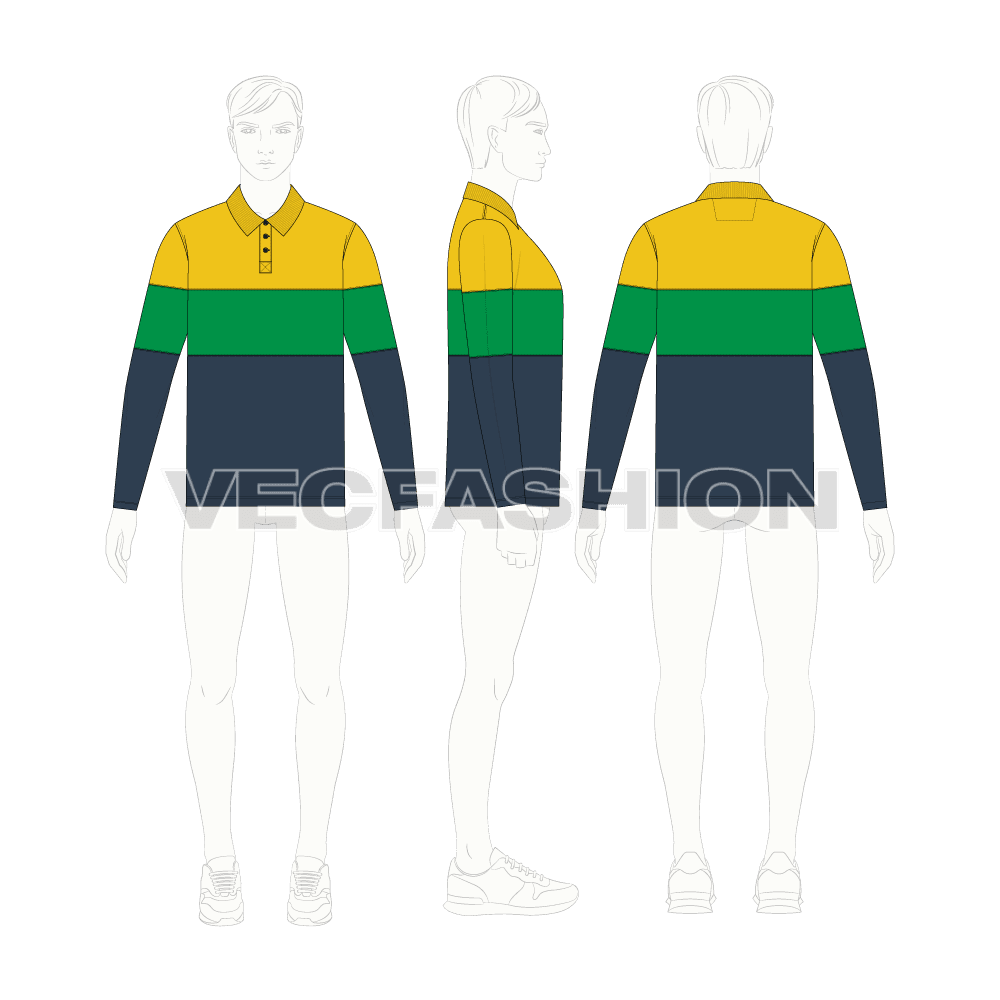 Mens color blocked jersey polo shirt flat sketch, croqui sketch