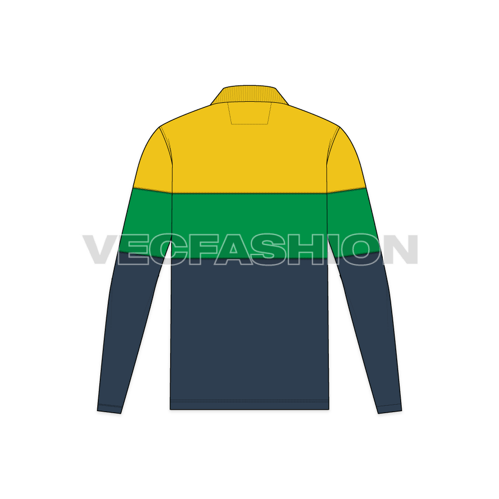 Mens color blocked jersey polo shirt flat sketch, back view